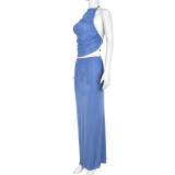 Sexy Tie Up Pleated Crop Tops Two Piece Skirts Set GNZD-9607SD