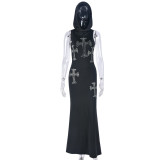 Cross Hot Rhinestone Sleeveless Hooded Maxi Dress GNZD-9658DD