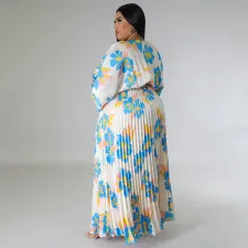 Plus Size Loose V Neck Pressed Pleated Long Dress NNWF-N7923