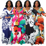 Plus Size Print Tie Up V Neck Maxi Dress NNWF-7974