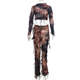 Tie Dye Tassel Crop Tops Pants Casual Set GNZD-9654SD