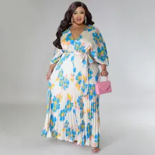 Plus Size Loose V Neck Pressed Pleated Long Dress NNWF-N7923