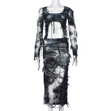 Tie Dye Tassel Crop Tops And Skirts 2 Piece Set GNZD-31275SY
