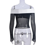 Contrast Color One Shoulder See Through T-shirt GNZD-9653TD