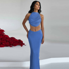 Sexy Tie Up Pleated Crop Tops Two Piece Skirts Set GNZD-9607SD