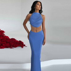 Sexy Tie Up Pleated Crop Tops Two Piece Skirts Set GNZD-9607SD