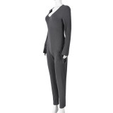 Solid V Neck Long Sleeve Jumpsuit GNZD-9752JD