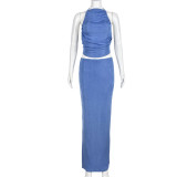 Sexy Tie Up Pleated Crop Tops Two Piece Skirts Set GNZD-9607SD