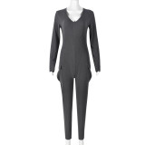 Solid V Neck Long Sleeve Jumpsuit GNZD-9752JD