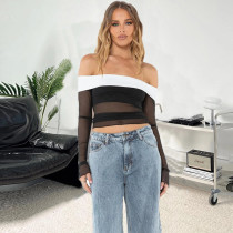 Contrast Color One Shoulder See Through T-shirt GNZD-9653TD