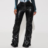 Shrink Pleat Skinny Straight Leather Pants MUE-8023