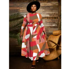 Plus Size Fashion Print Lace Up Maxi Dress NNWF-N7964