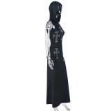 Cross Hot Rhinestone Sleeveless Hooded Maxi Dress GNZD-9658DD