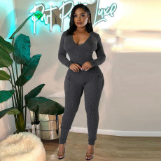 Solid V Neck Long Sleeve Jumpsuit GNZD-9752JD