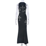 Cross Hot Rhinestone Sleeveless Hooded Maxi Dress GNZD-9658DD