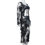 Tie Dye Tassel Crop Tops And Skirts 2 Piece Set GNZD-31275SY