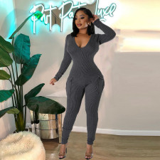 Solid V Neck Long Sleeve Jumpsuit GNZD-9752JD