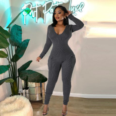 Solid V Neck Long Sleeve Jumpsuit GNZD-9752JD