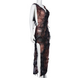 Deep V Stacked Neck Tassel Split Hooded Dress GNZD-9517DD
