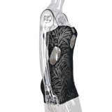 Mesh Flocking Hollow Out Mini Dress GNZD-8641DD