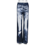 Print High Waist Straight Jeans GNZD-31348PY
