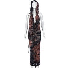 Deep V Stacked Neck Tassel Split Hooded Dress GNZD-9517DD