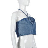 Halter Tube Tops Flower Denim Top GNZD-31291TY