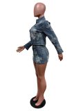 Denim Embroider Jackets And Skirt Two Piece Set MEM-88539