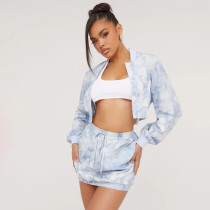 Tie Dye Print Long Sleeve Coat Skirt Two Piece Set GNZD-9556SD