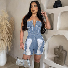 Sexy Holes Zipper Wrap Chest Denim Romper GNZD-9439JD