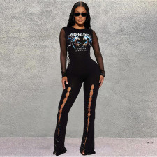 Splicing Mesh Print Holes Jumpsuit GNZD-7951JG
