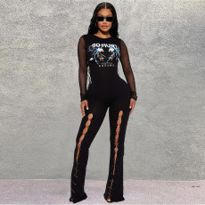 Splicing Mesh Print Holes Jumpsuit GNZD-7951JG