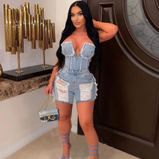 Sexy Holes Zipper Wrap Chest Denim Romper GNZD-9439JD