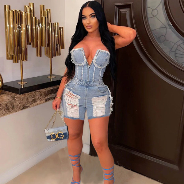 Sexy Holes Zipper Wrap Chest Denim Romper GNZD-9439JD