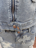 Denim Embroider Jackets And Skirt Two Piece Set MEM-88539