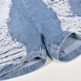 Sexy Holes Zipper Wrap Chest Denim Romper GNZD-9439JD