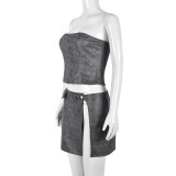 Slim Wrap Chest Tops And Skirt PU Leather 2 Piece Set GNZD-9769SD