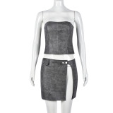 Slim Wrap Chest Tops And Skirt PU Leather 2 Piece Set GNZD-9769SD