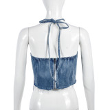 Halter Tube Tops Flower Denim Top GNZD-31291TY