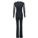 Splicing Mesh Print Holes Jumpsuit GNZD-7951JG