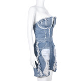 Sexy Holes Zipper Wrap Chest Denim Romper GNZD-9439JD