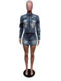 Denim Embroider Jackets And Skirt Two Piece Set MEM-88539