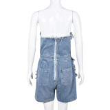 Sexy Holes Zipper Wrap Chest Denim Romper GNZD-9439JD