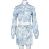 Tie Dye Print Long Sleeve Coat Skirt Two Piece Set GNZD-9556SD