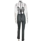Sexy Sling Zipper Denim Jumpsuit GNZD-6464JL