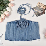 Halter Tube Tops Flower Denim Top GNZD-31291TY