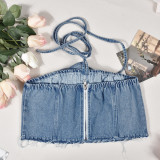 Halter Tube Tops Flower Denim Top GNZD-31291TY
