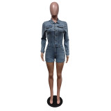 Fashion Lapel Short Sleeve Denim Romper MEM-88538