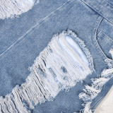 Sexy Holes Zipper Wrap Chest Denim Romper GNZD-9439JD