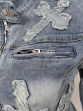 Denim Embroider Jackets And Skirt Two Piece Set MEM-88539